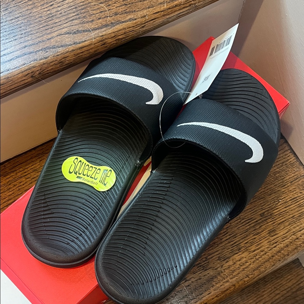 NWT and box Nike Black Slides with White Swoosh youth size 6
